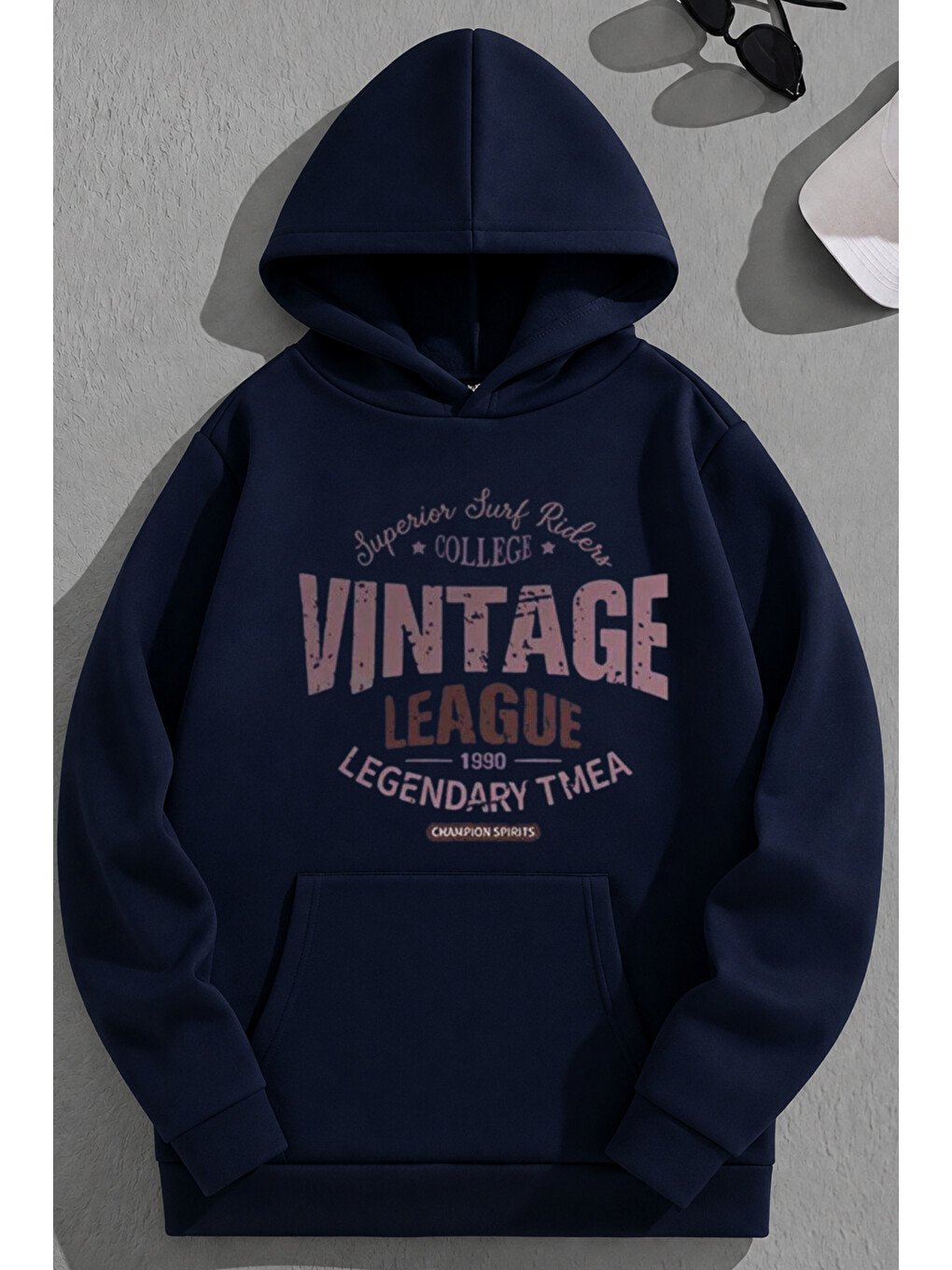Unisex 3 İplik Pamuklu Lacivert Vintageleage Baskı Bol Kalıp Sweatshirt Hoodie