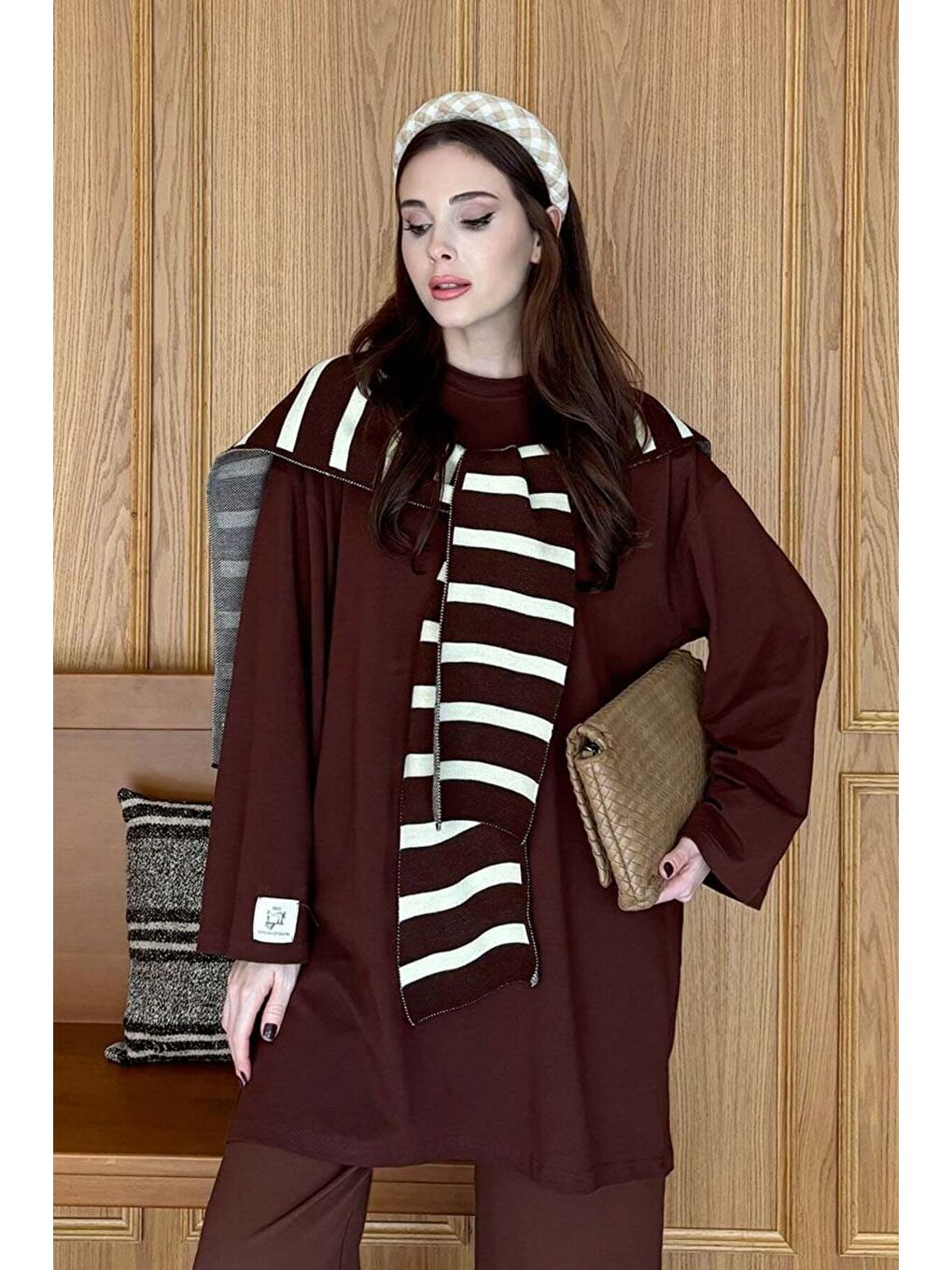Kahverengi Acı Kahve Çizgili Şal Atkı