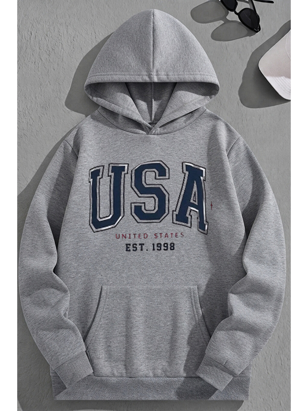 Unisex 3 İplik Pamuklu Gri Usa1998 Baskı Bol Kalıp Sweatshirt Hoodie