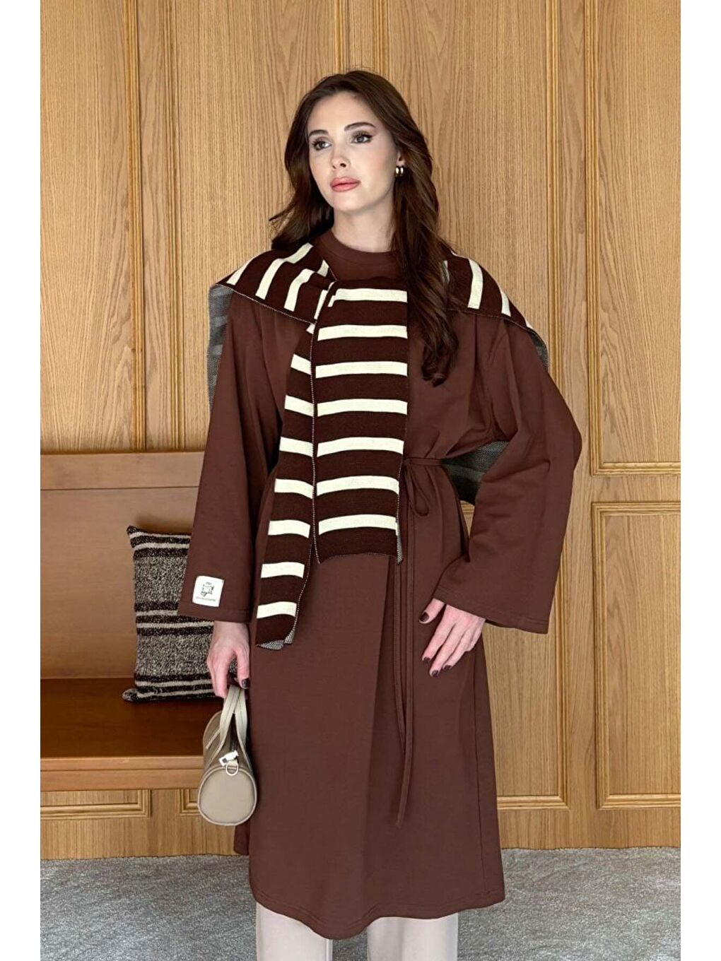 Kahverengi Acı Kahve Çizgili Şal Atkı-1