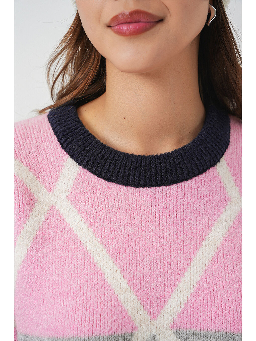 Kadın Baklava Desenli Oversize Uzun Kazak 15931 - Lacivert-4