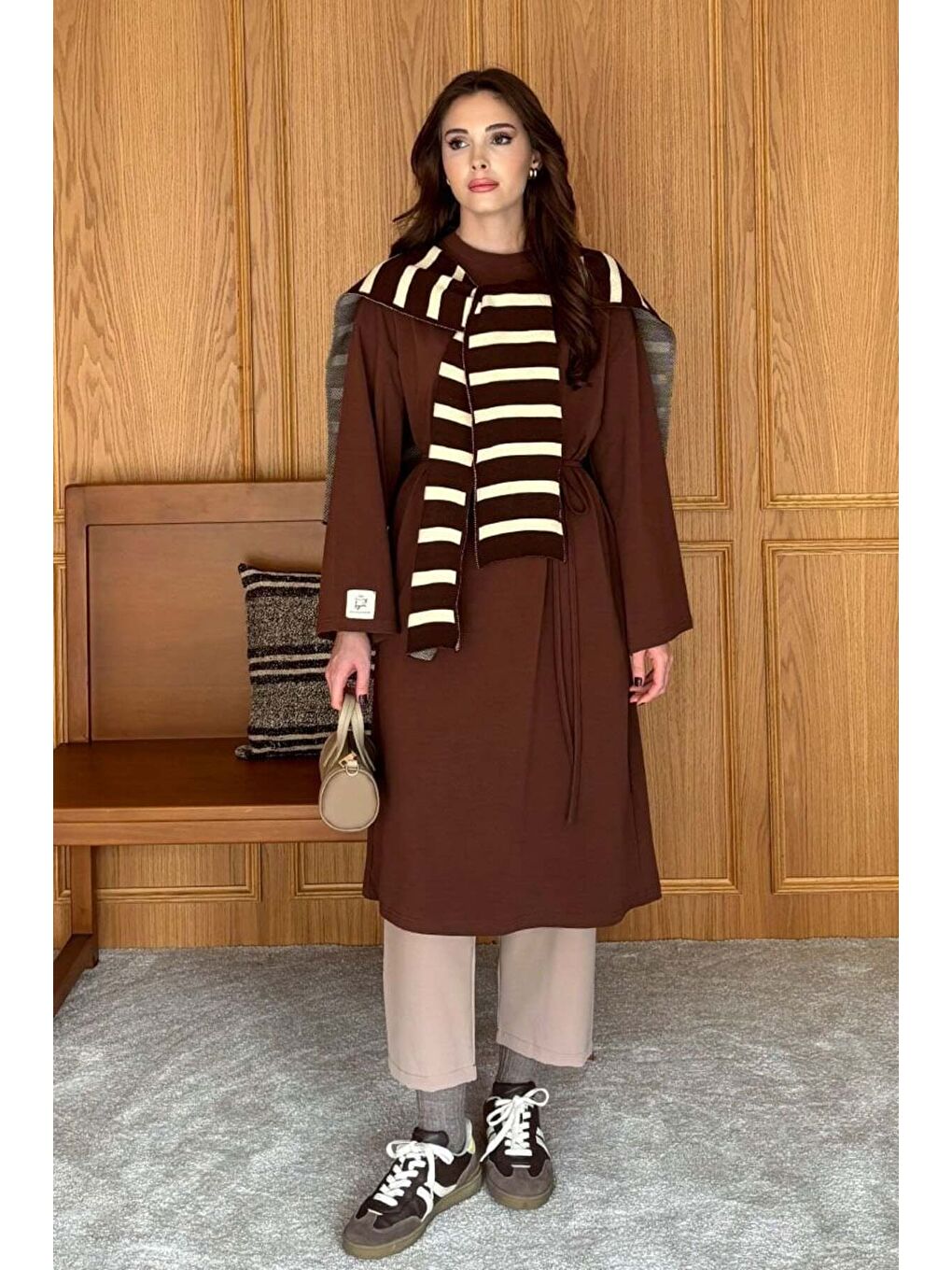 Kahverengi Acı Kahve Çizgili Şal Atkı-2