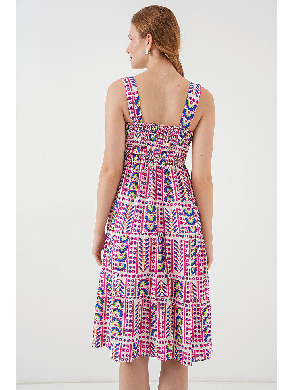 Kadın Desenli Askılı Midi Elbise 2577 - Fuşya-5