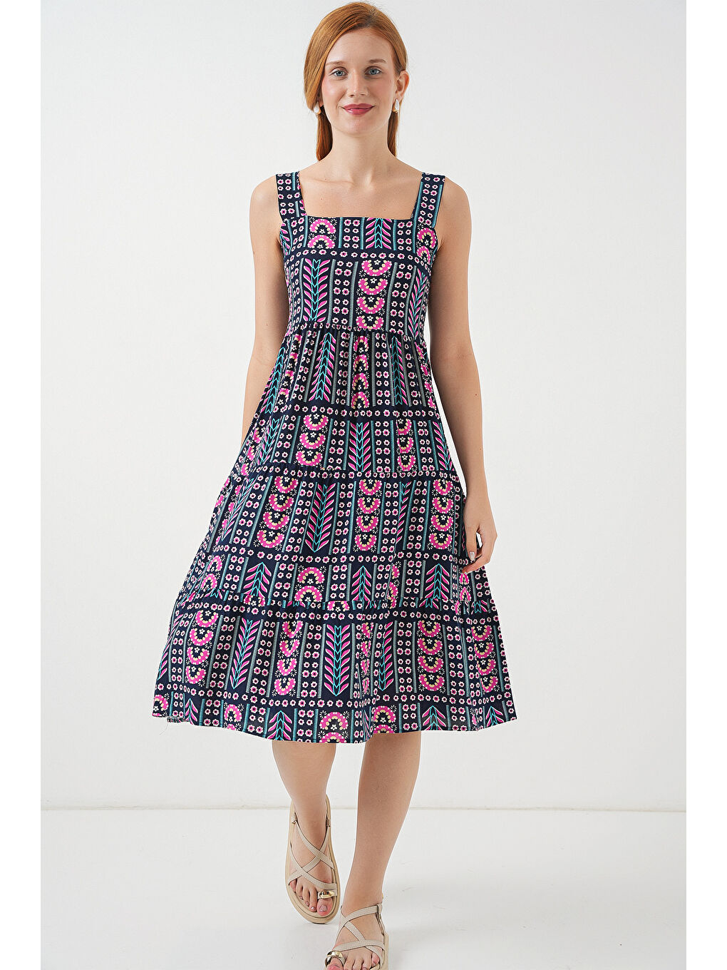 Kadın Desenli Askılı Midi Elbise 2577 - Lacivert-1