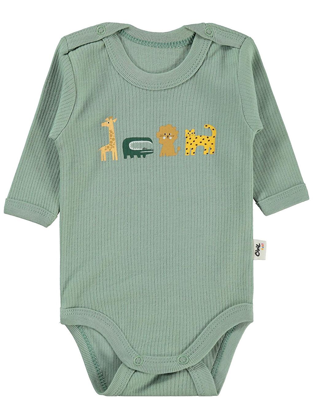 Baby Hayvanlar Baskılı 0-3 Yaş Çıtçıtlı Badi - Haki-1