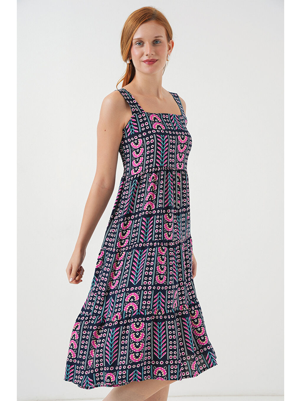 Kadın Desenli Askılı Midi Elbise 2577 - Lacivert-2