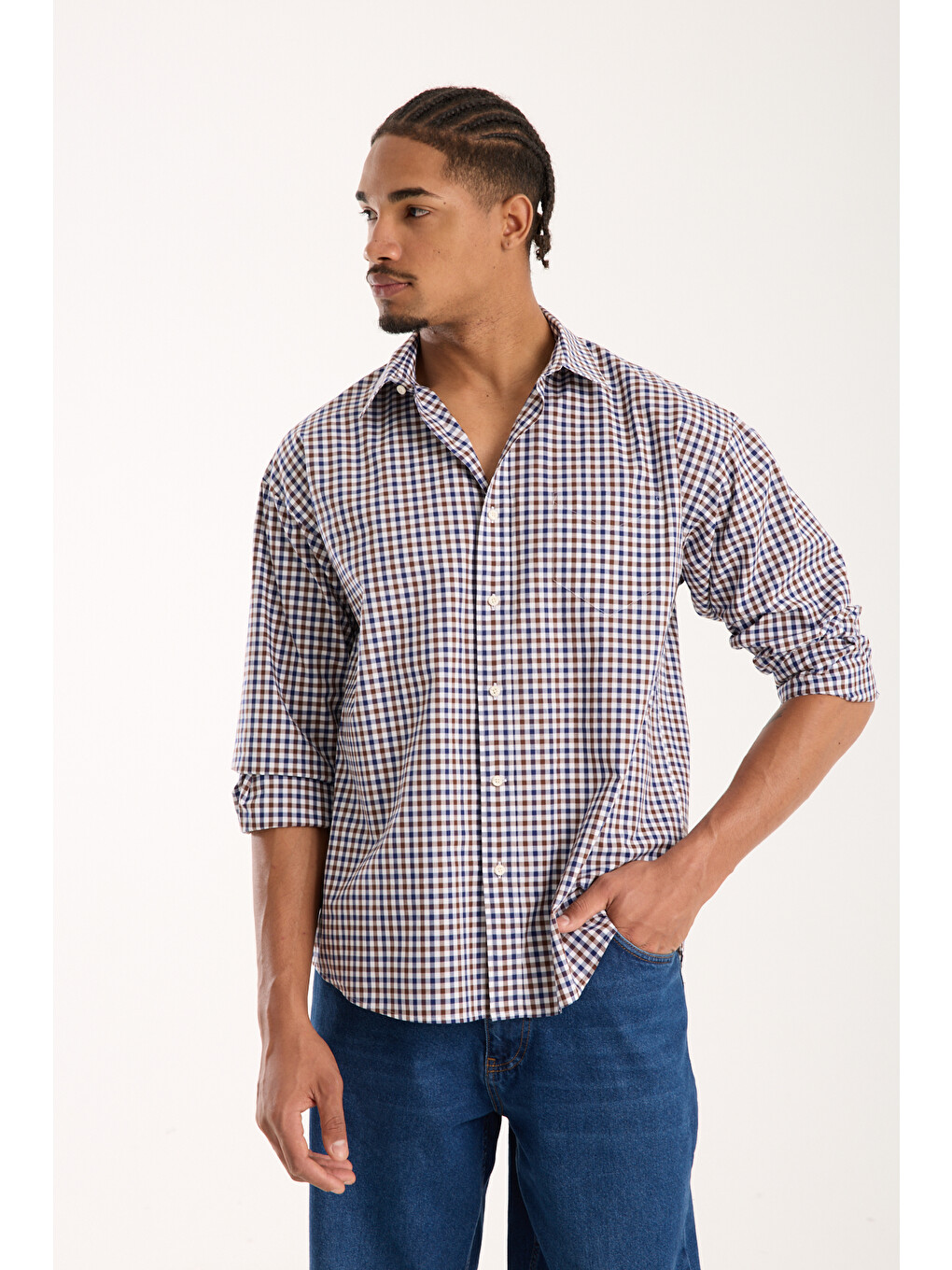 Rio Poplin Pamuklu Oversize Fit Kahverengi Klasik Yaka Erkek Kareli Gömlek