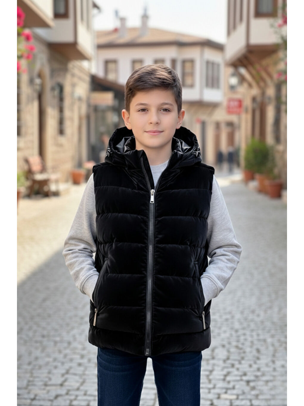 Siyah Erkek Çocuk Kapüşonlu Şişme Yelek