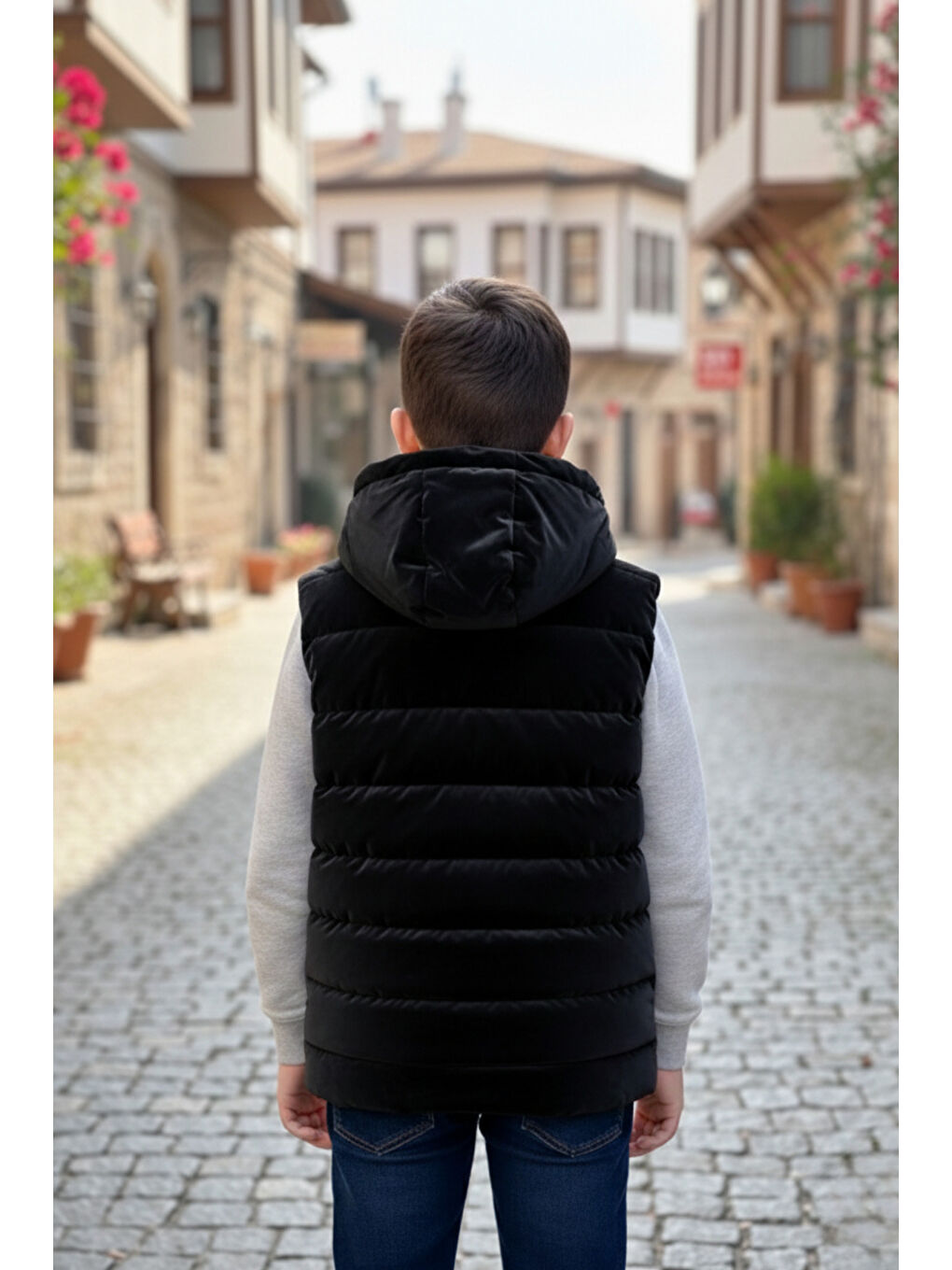 Siyah Erkek Çocuk Kapüşonlu Şişme Yelek-1