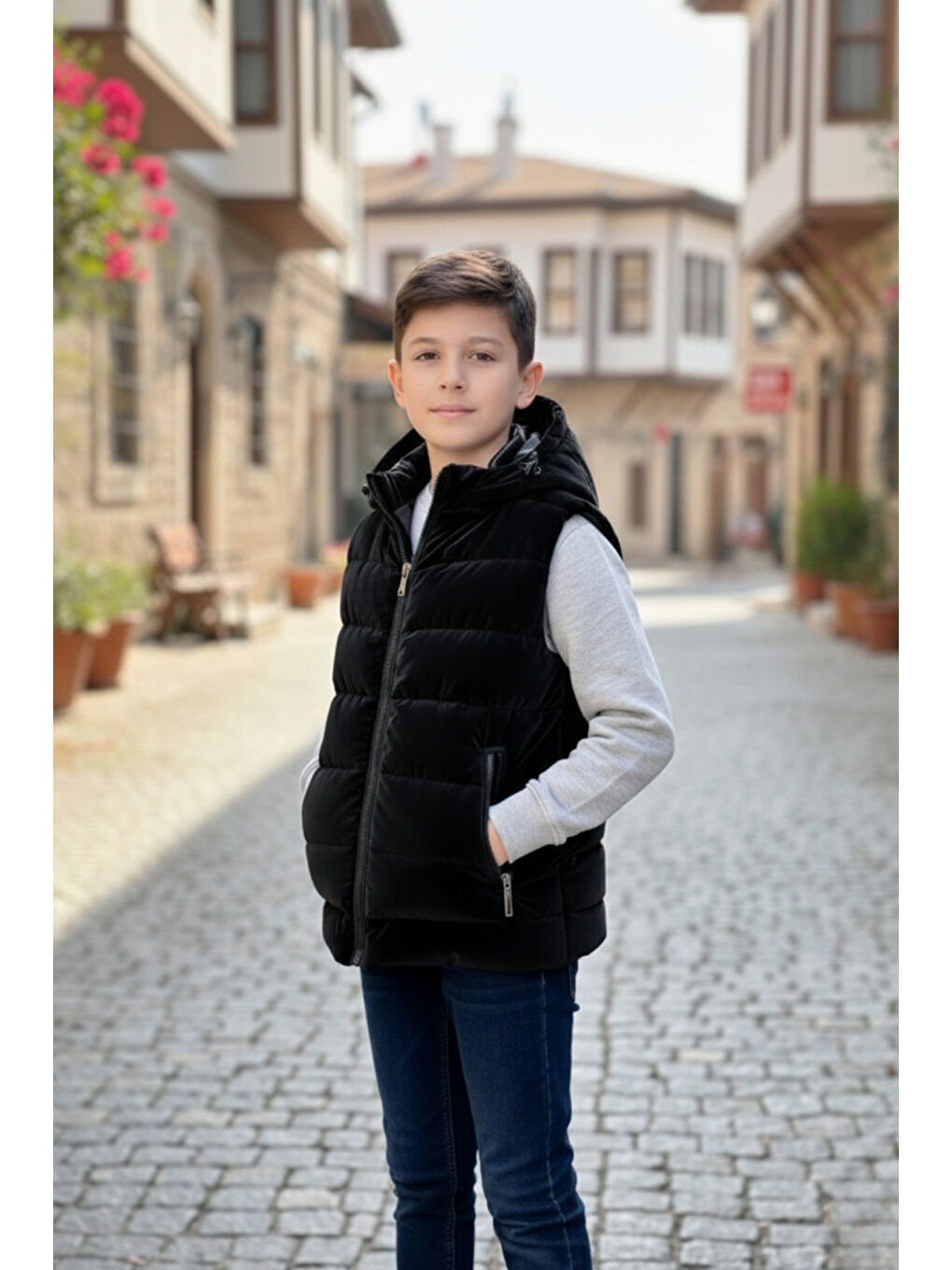 Siyah Erkek Çocuk Kapüşonlu Şişme Yelek-2