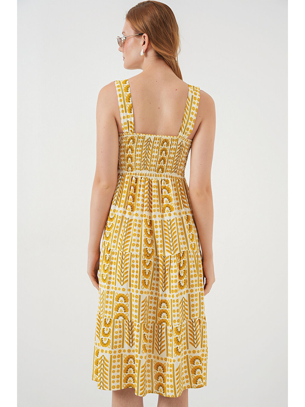 Kadın Desenli Askılı Midi Elbise 2577 - Sarı-5