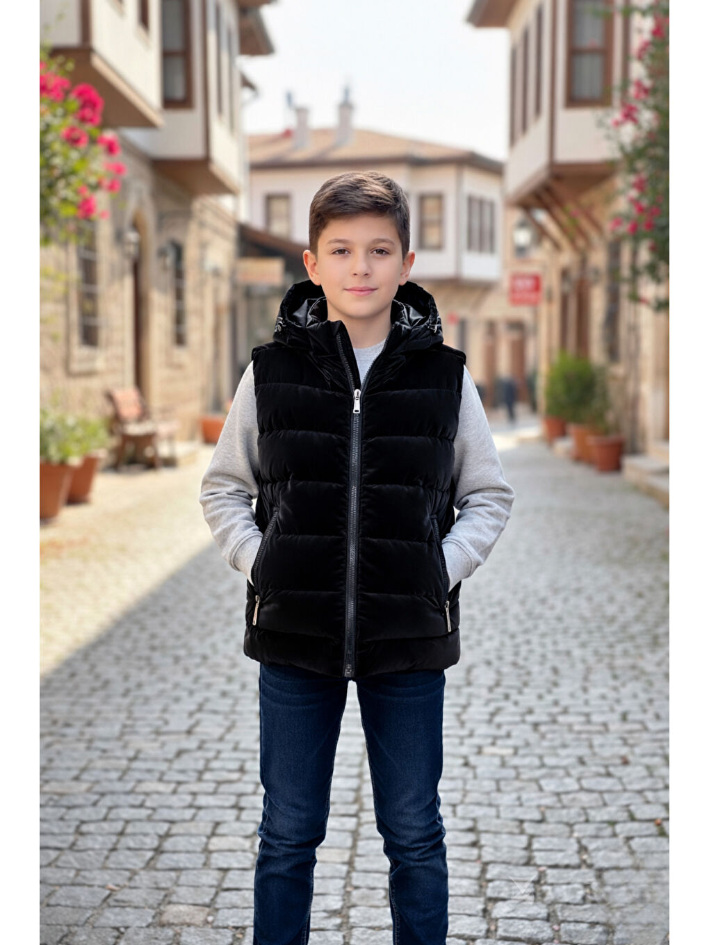 Siyah Erkek Çocuk Kapüşonlu Şişme Yelek-3