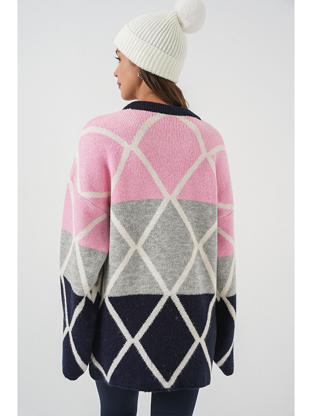 Kadın Baklava Desenli Oversize Uzun Kazak 15931 - Lacivert-5