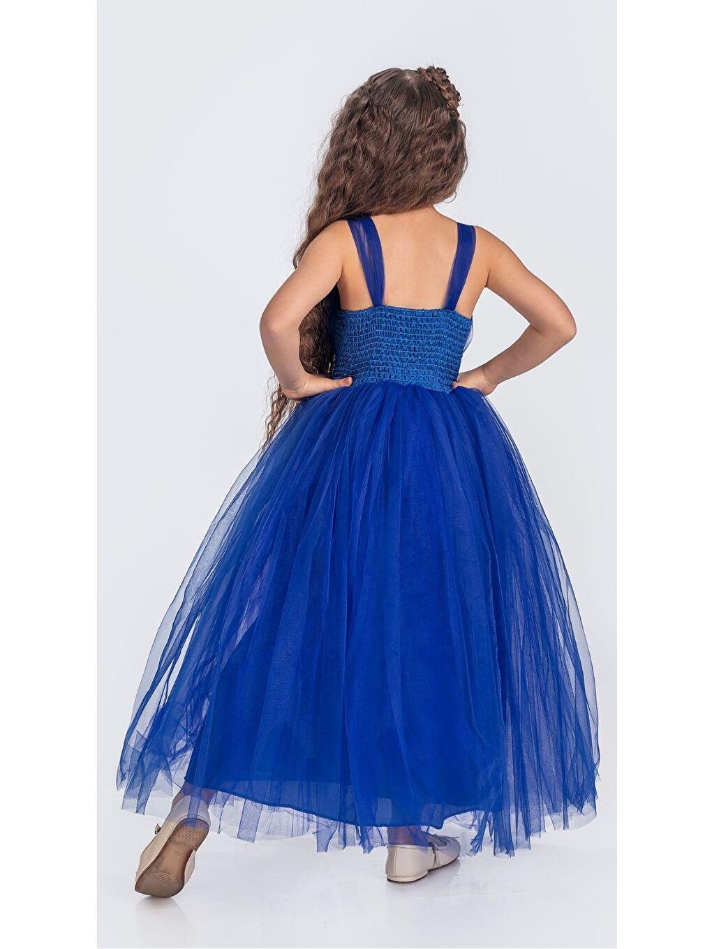 Mavi Sırt Gipeli Tütü Etek Kız Çocuk Saten Parti Abiye Elbise-1