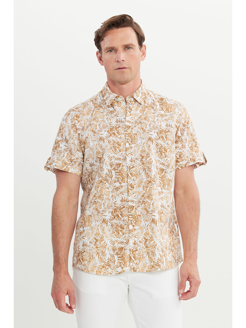 Erkek Beyaz-Kahve Slim Fit Dar Kesim Gizli Düğmeli Yaka %100 Pamuk Baskılı Gömlek-2