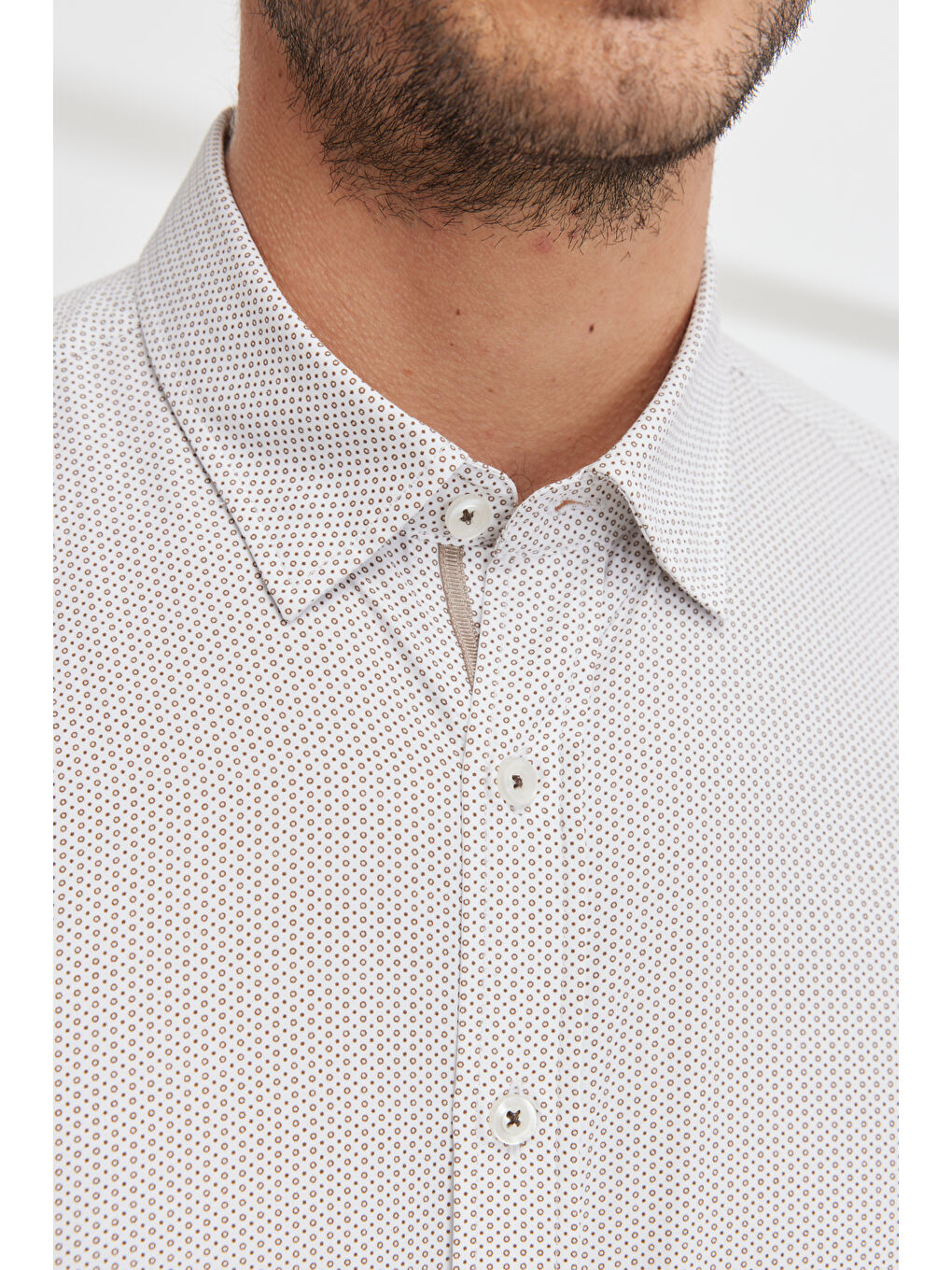 Erkek Beyaz-Kahve Slim Fit Dar Kesim Gizli Düğme Yaka Baskılı Gömlek-6