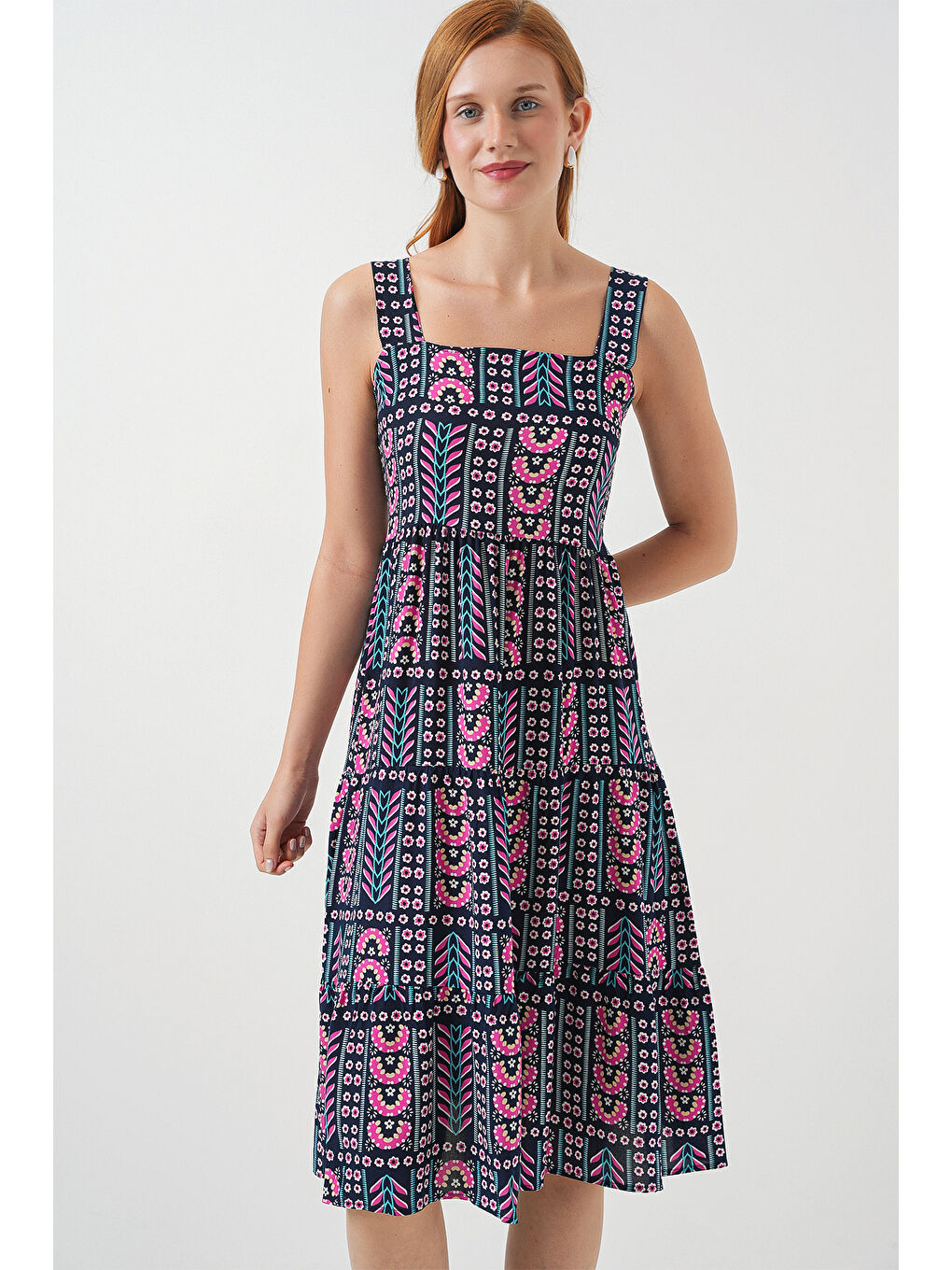 Kadın Desenli Askılı Midi Elbise 2577 - Lacivert-3