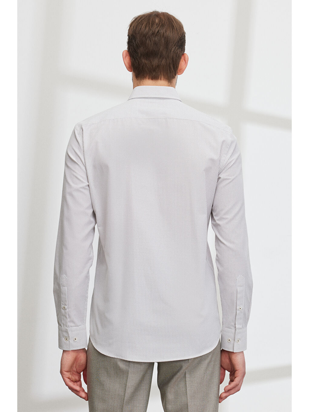 Erkek Beyaz-Kahve Slim Fit Dar Kesim Gizli Düğme Yaka Baskılı Gömlek-7