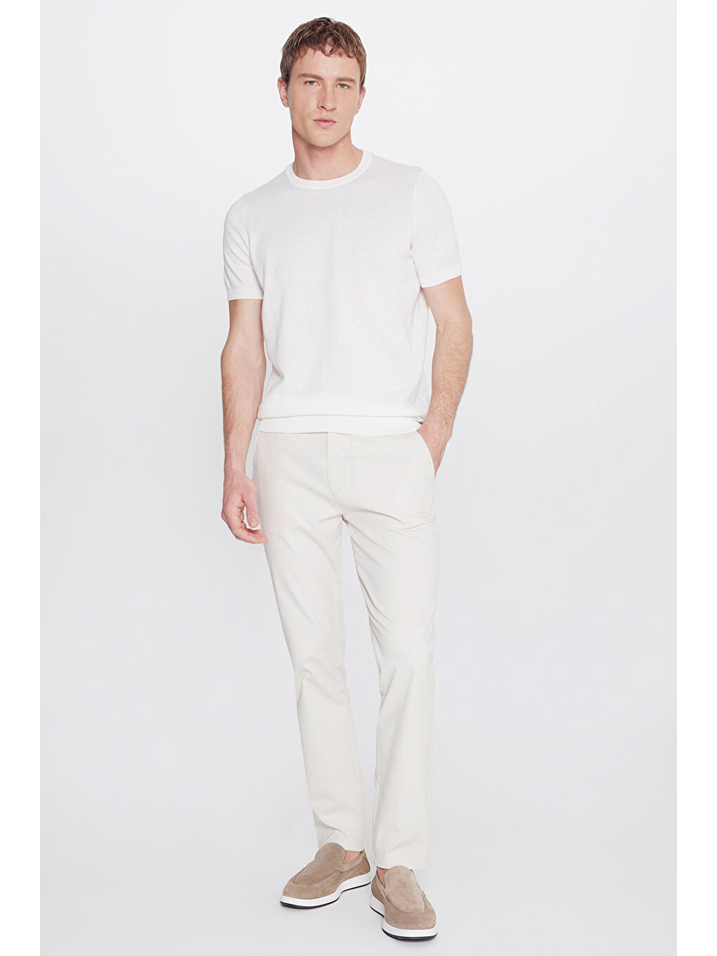 Erkek Ekru %100 Pamuk Standart Fit Bisiklet Yaka Triko Tişört-1