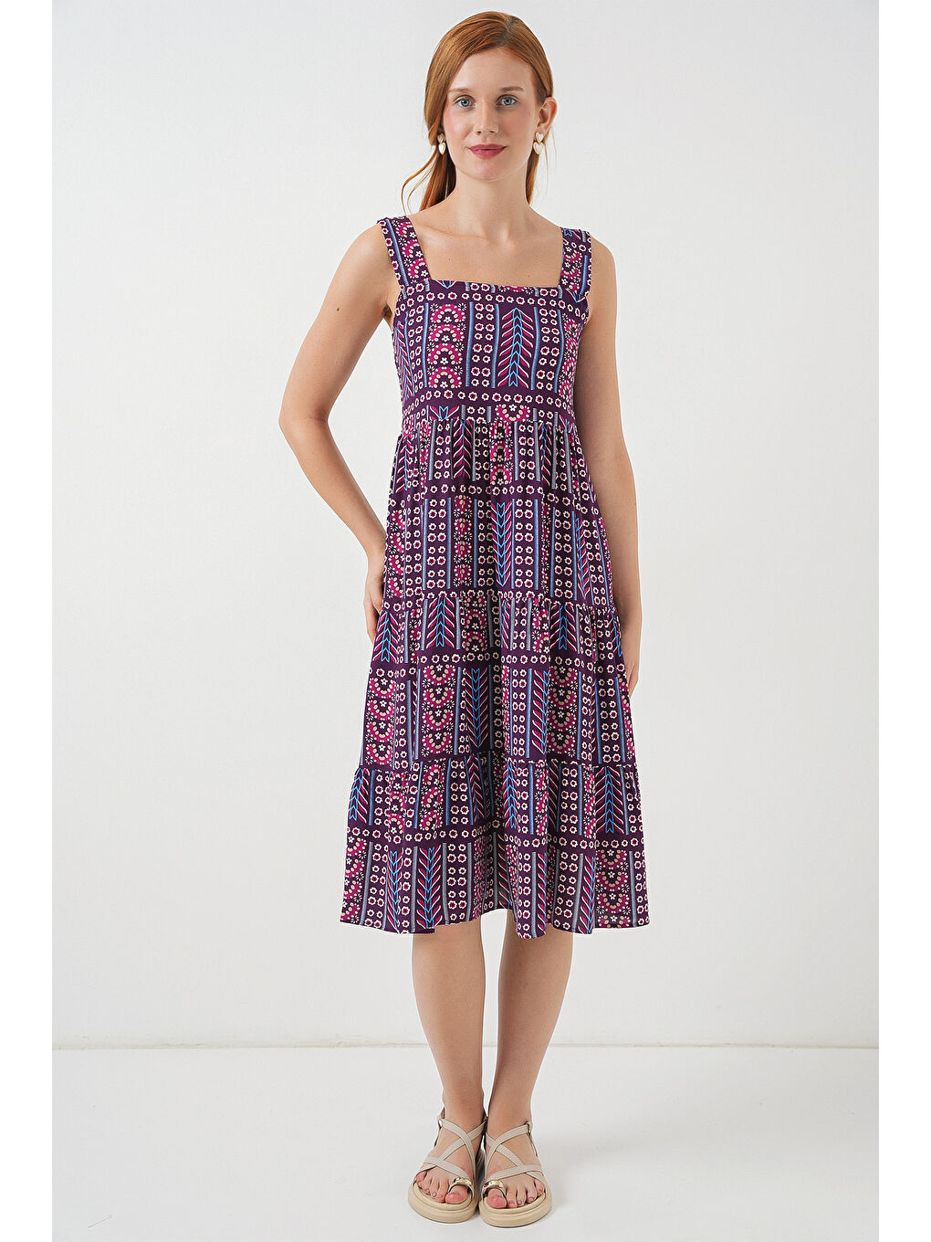 Kadın Desenli Askılı Midi Elbise 2577 - Mor-1