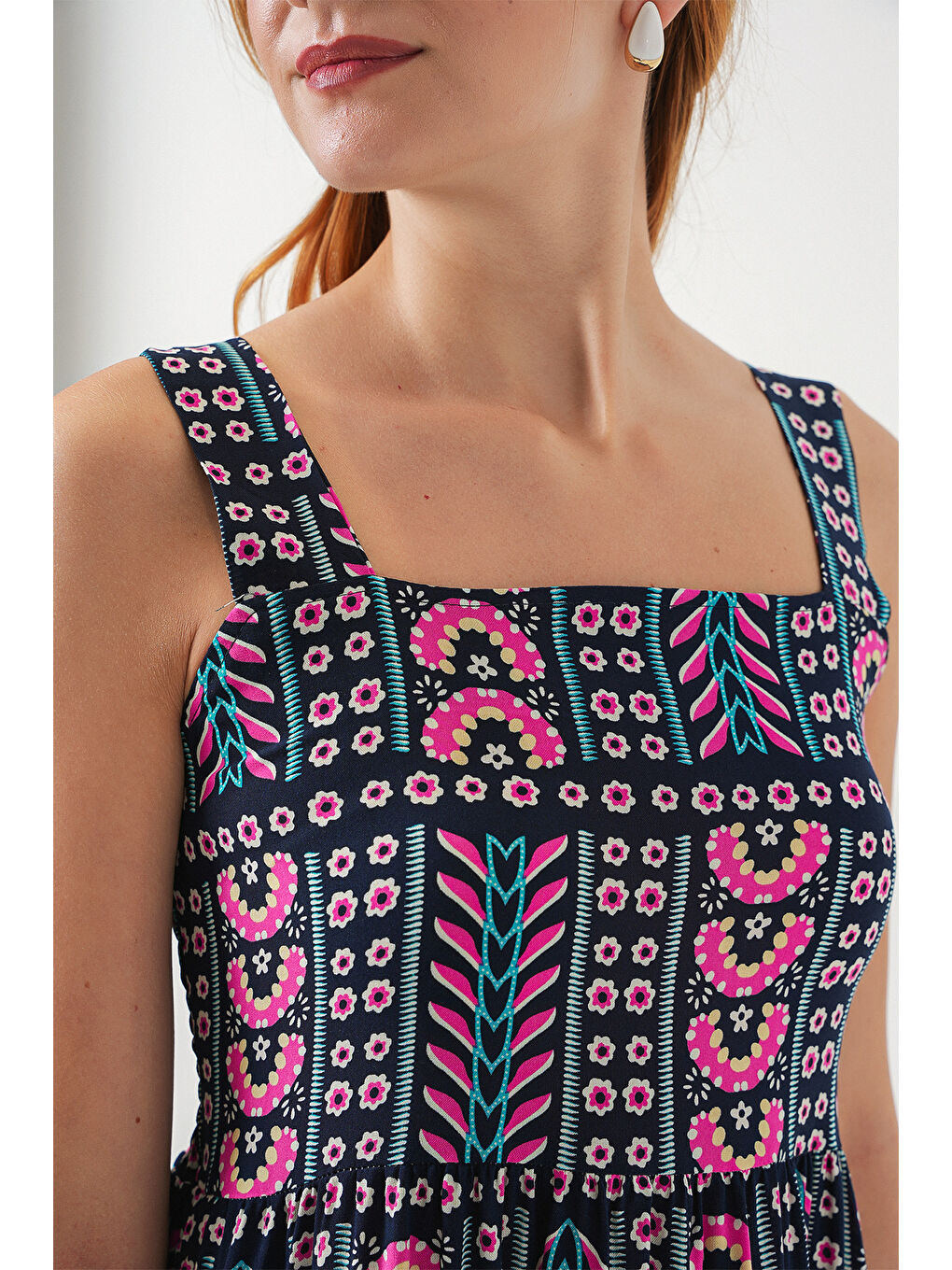 Kadın Desenli Askılı Midi Elbise 2577 - Lacivert-4