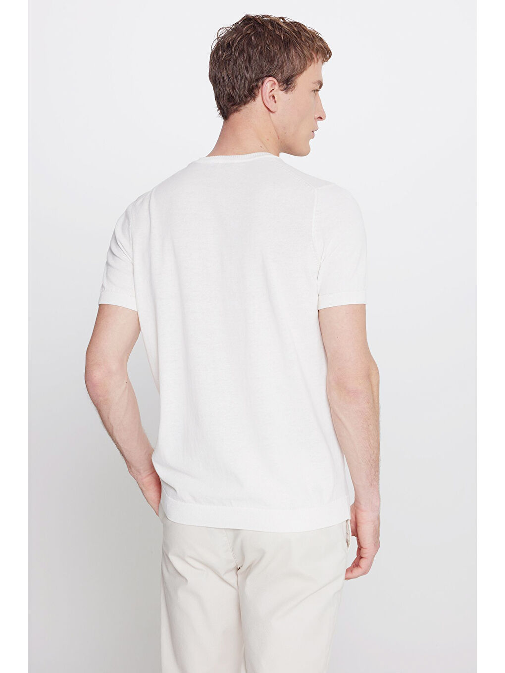 Erkek Ekru %100 Pamuk Standart Fit Bisiklet Yaka Triko Tişört-4
