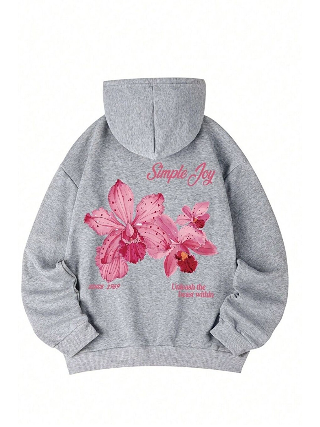 Unisex 3 İplik Pamuklu Gri Simplejoy Baskı Bol Kalıp Sweatshirt Hoodie