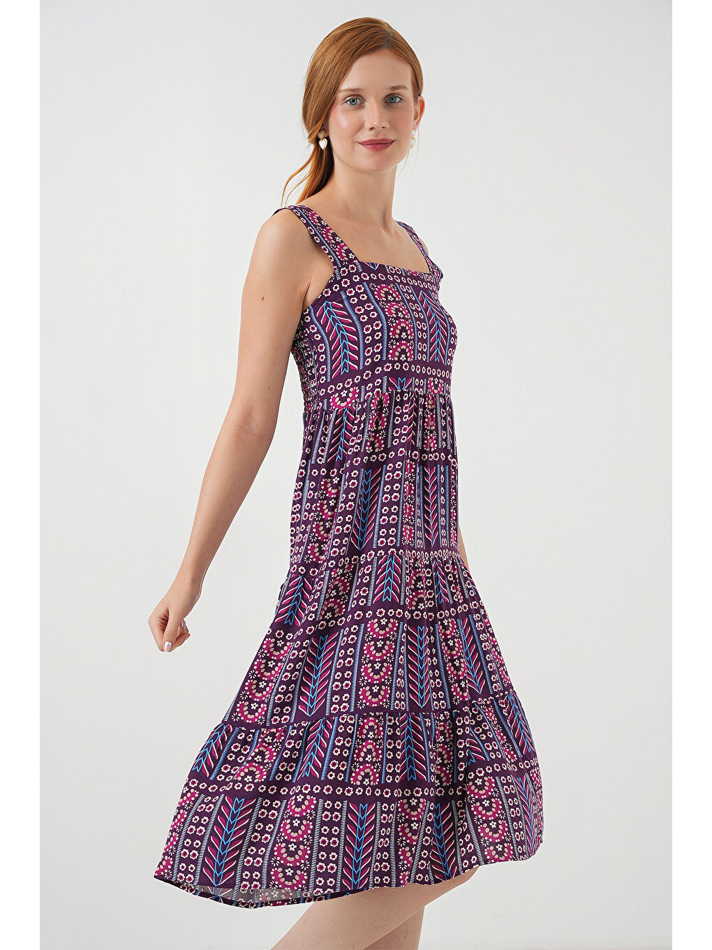 Kadın Desenli Askılı Midi Elbise 2577 - Mor-2