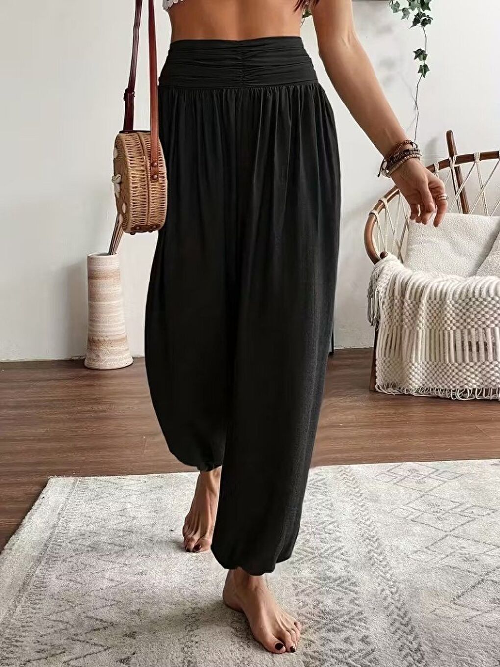 Siyah Kadın Yüksel Bel Yoğun Büzgü Detaylı Aerobin Pantolon-2