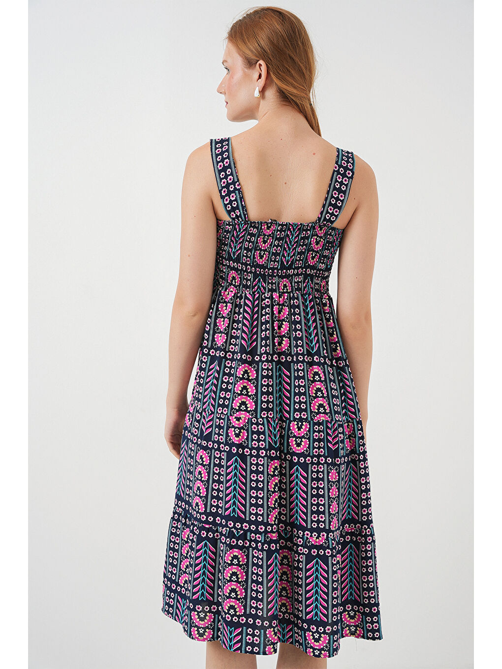 Kadın Desenli Askılı Midi Elbise 2577 - Lacivert-5