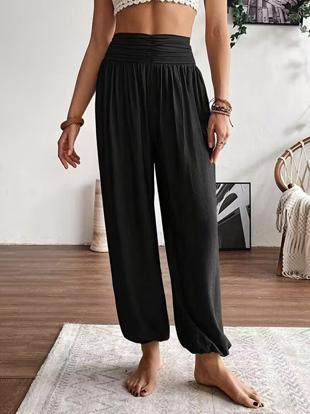 Siyah Kadın Yüksel Bel Yoğun Büzgü Detaylı Aerobin Pantolon-4