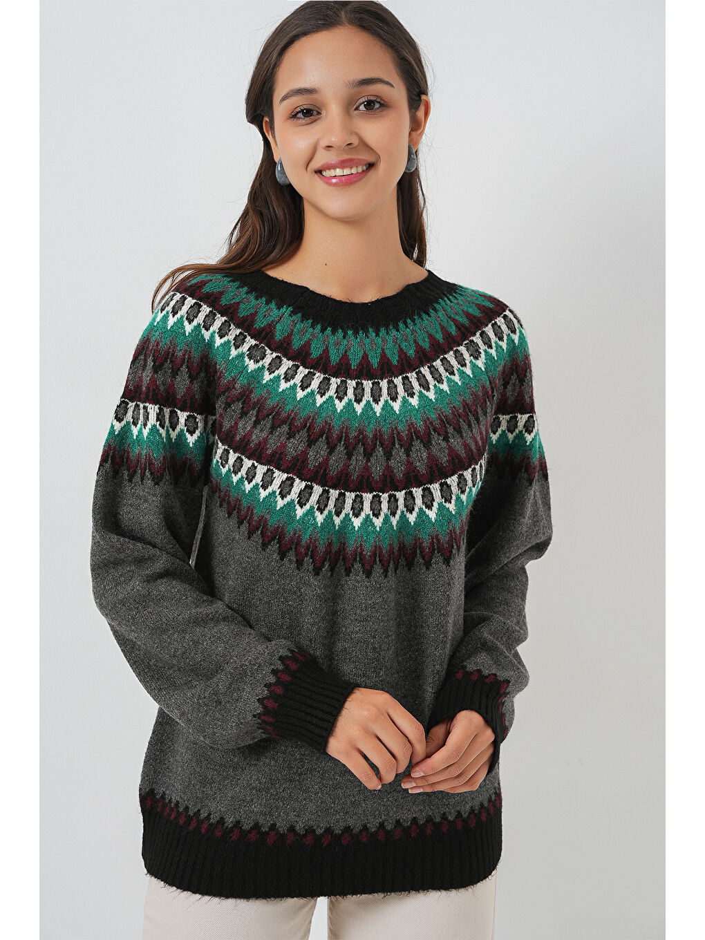 Kadın Desenli Triko Kazak 15932 - Antrasit