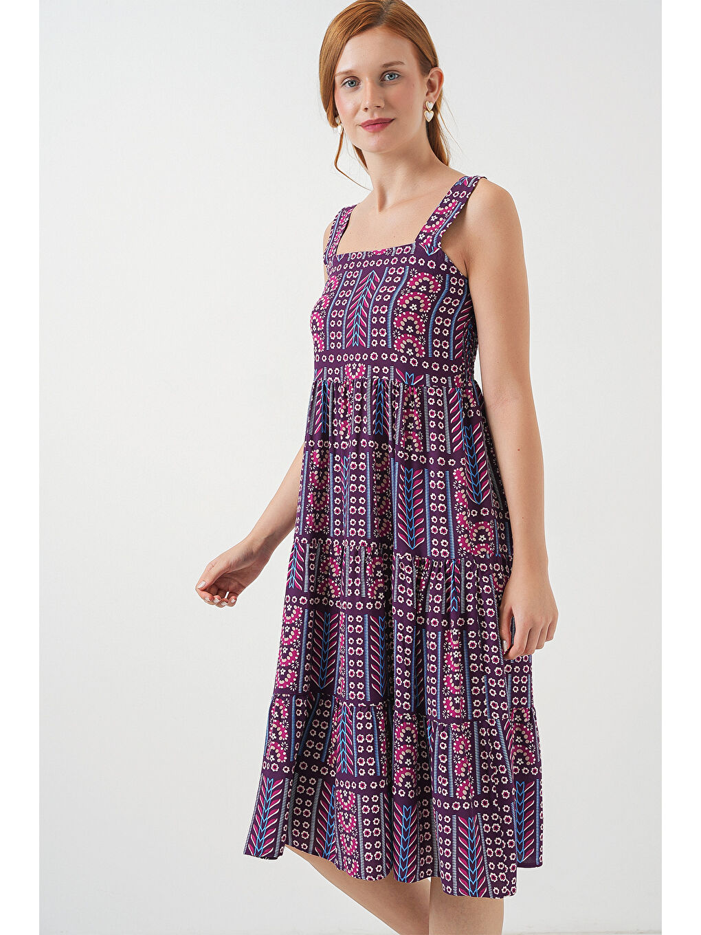 Kadın Desenli Askılı Midi Elbise 2577 - Mor-3