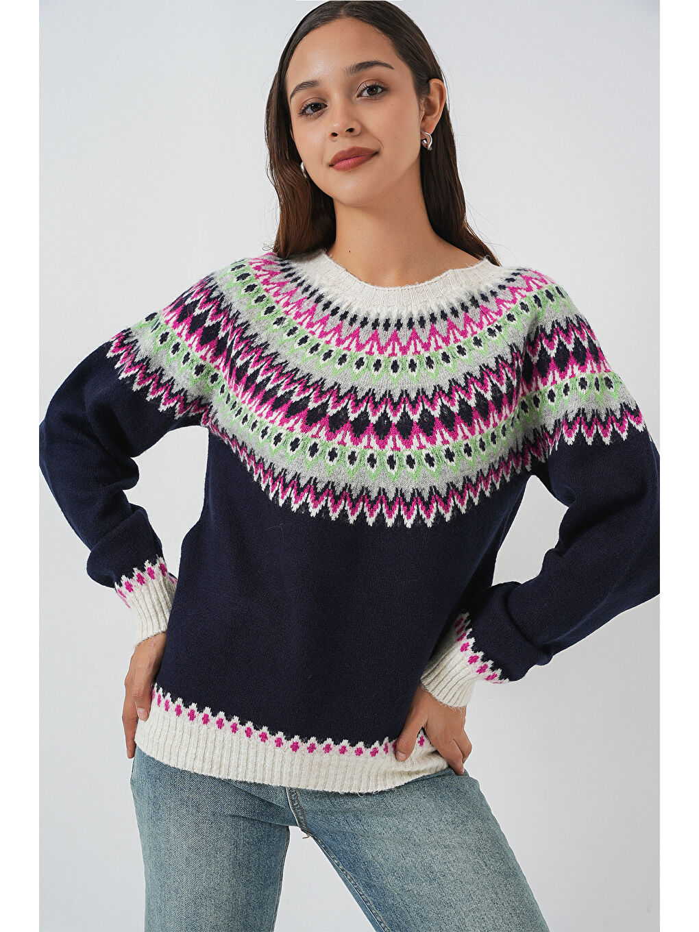 Kadın Desenli Triko Kazak 15932 - Lacivert