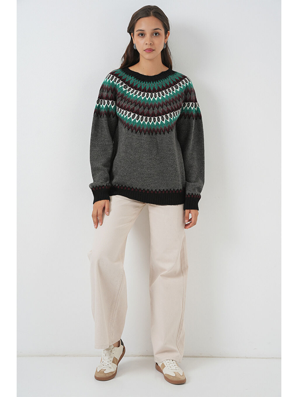 Kadın Desenli Triko Kazak 15932 - Antrasit-1