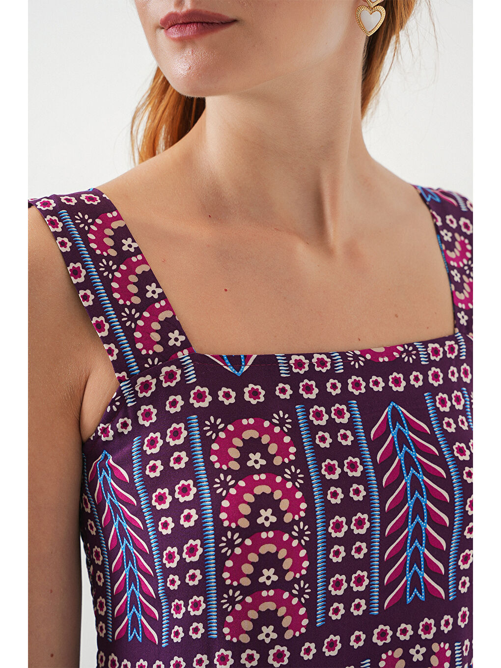 Kadın Desenli Askılı Midi Elbise 2577 - Mor-4