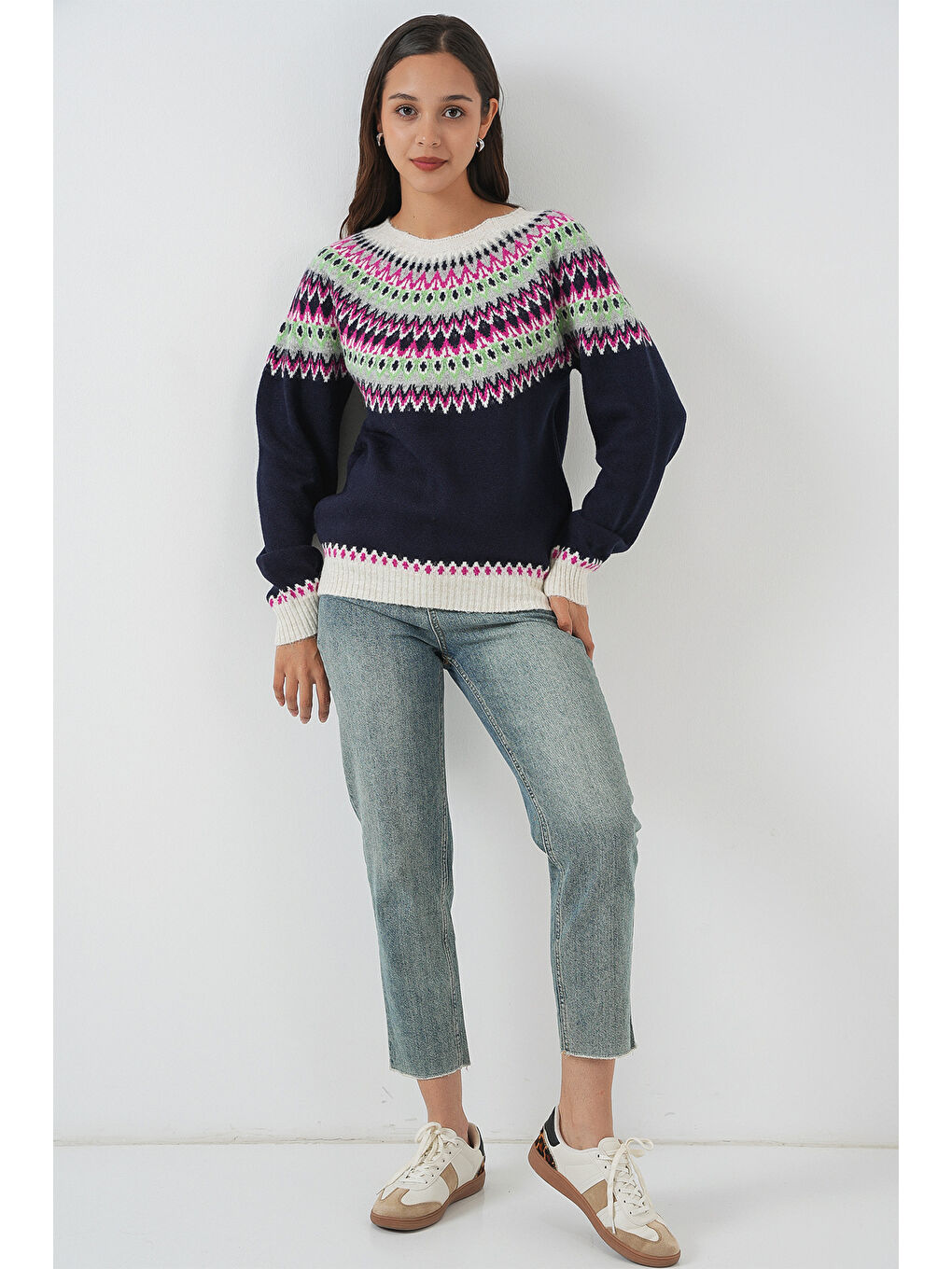 Kadın Desenli Triko Kazak 15932 - Lacivert-1