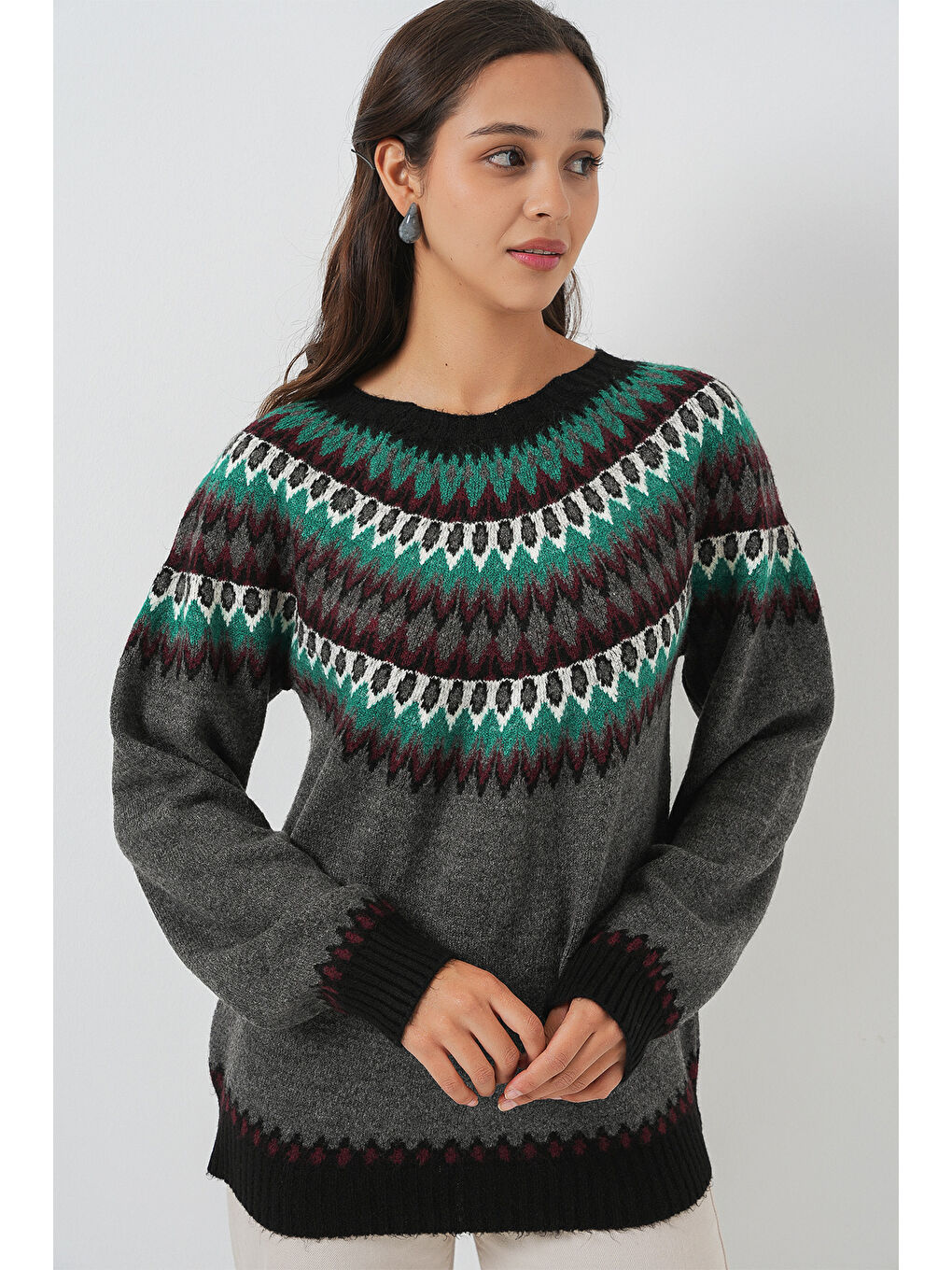 Kadın Desenli Triko Kazak 15932 - Antrasit-2