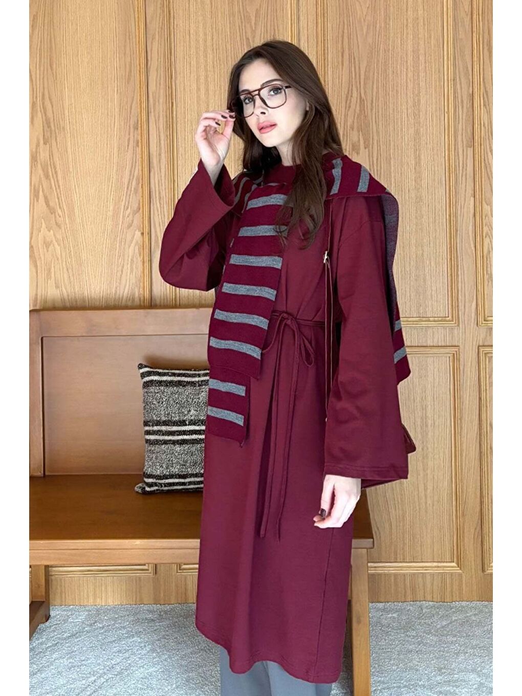 Bordo Çizgili Şal Atkı-1