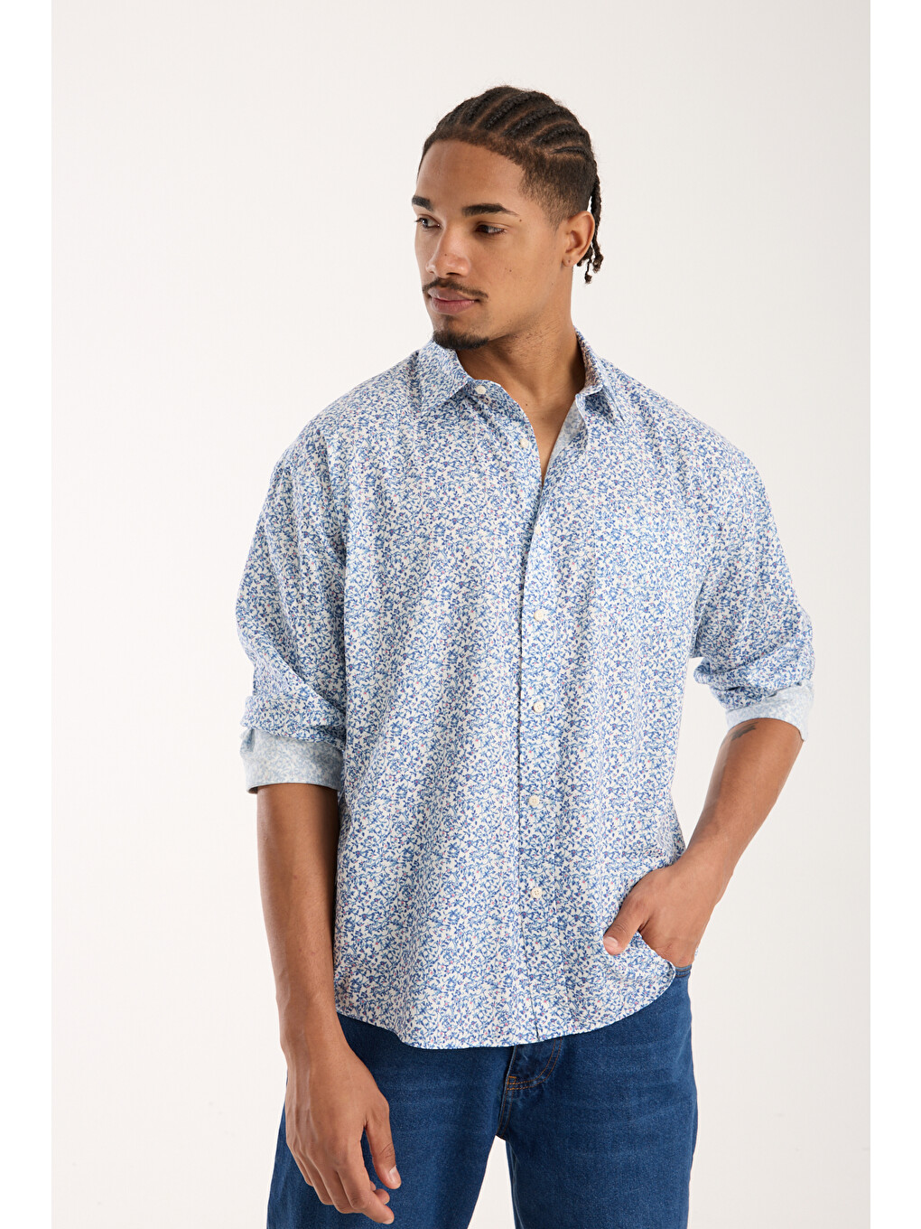 Rio Poplin Pamuklu Oversize Fit Beyaz Klasik Yaka Erkek Baskılı Gömlek