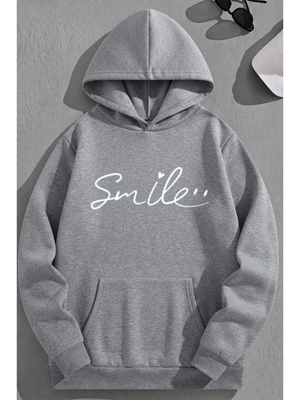 Unisex 3 İplik Pamuklu Gri Smile Baskı Bol Kalıp Sweatshirt Hoodie