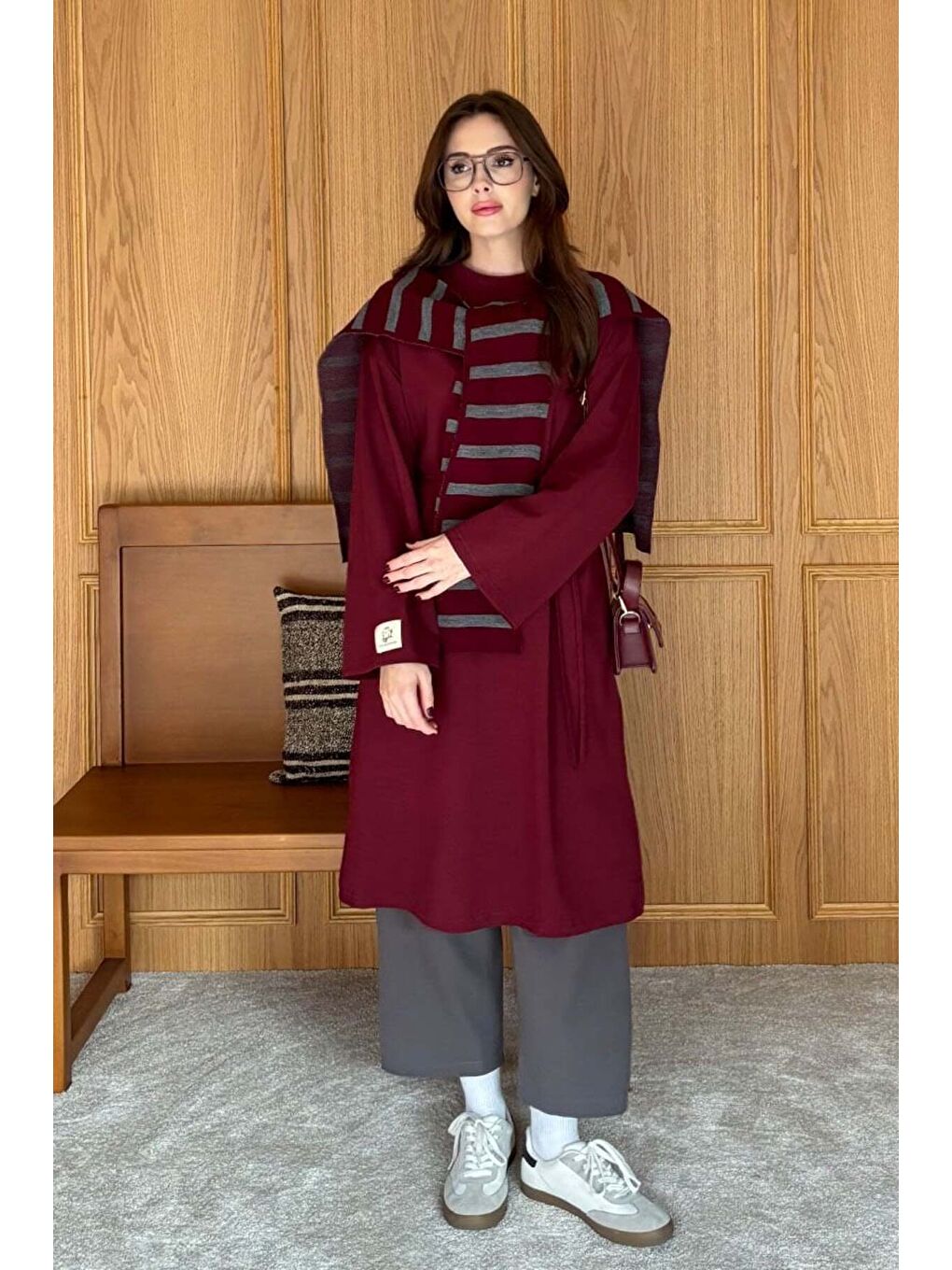 Bordo Çizgili Şal Atkı-2