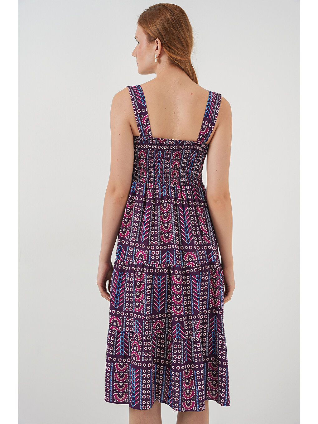 Kadın Desenli Askılı Midi Elbise 2577 - Mor-5