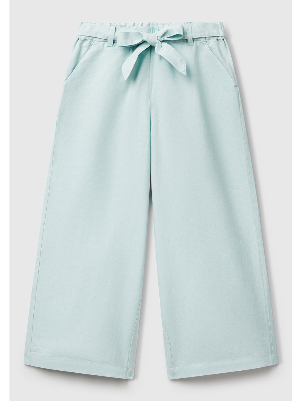 Turkuaz Kız Çocuk Su Yeşili Keten Karışımlı Beli Dikişli Kuşaklı Geniş Paça Pantolon
