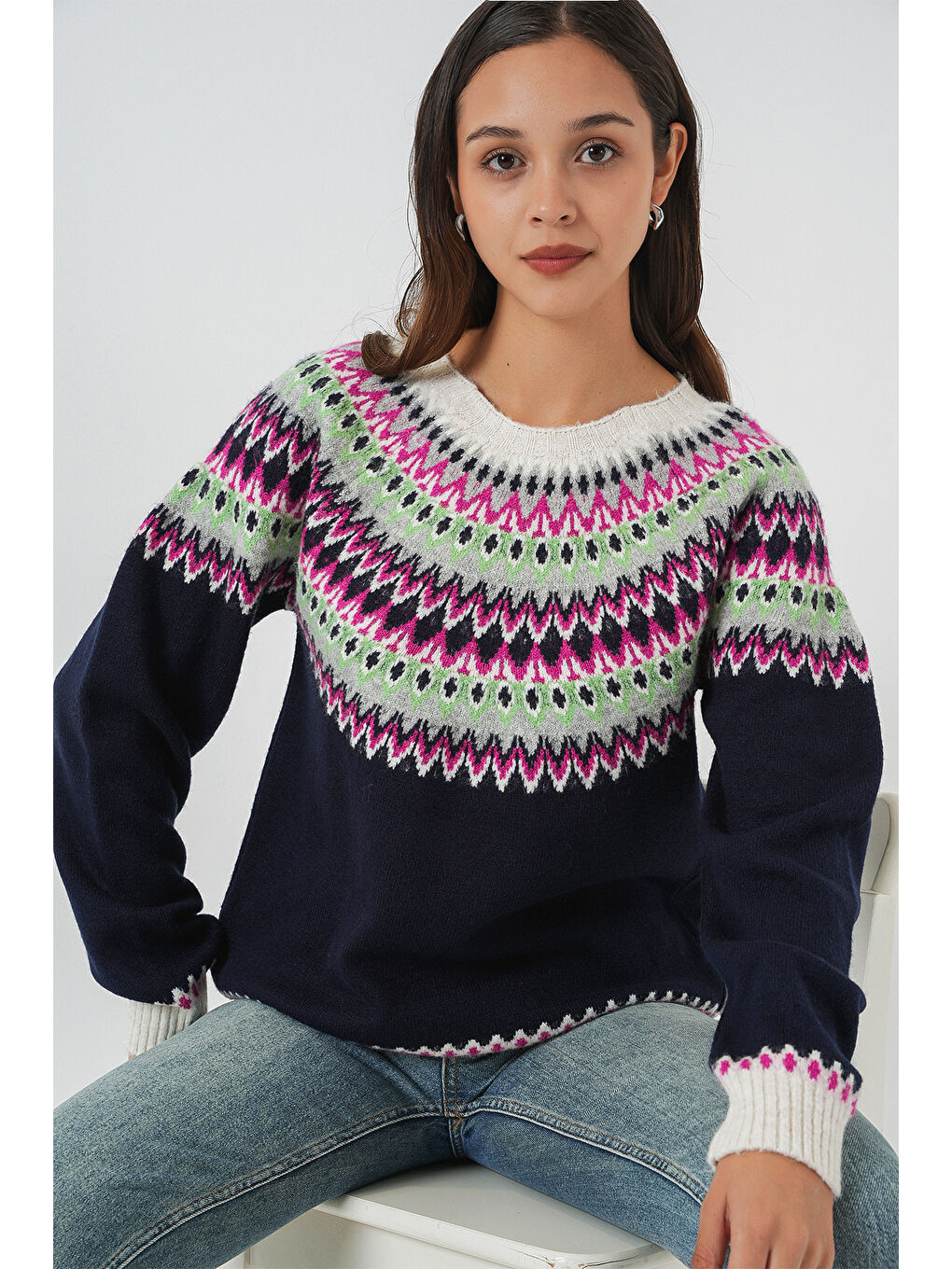 Kadın Desenli Triko Kazak 15932 - Lacivert-2