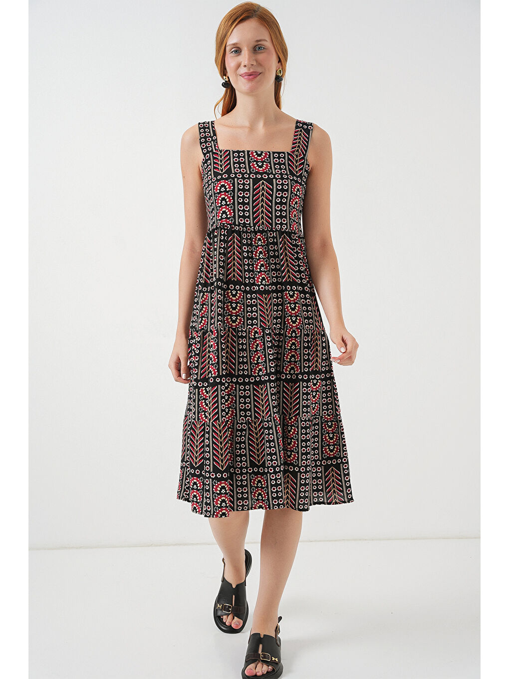 Kadın Desenli Askılı Midi Elbise 2577 - Siyah-1