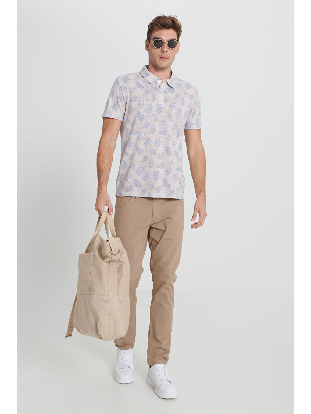 Ekru Erkek EKRU SAKS Slim Fit Dar Kesim Polo Yaka Baskılı Tişört-1