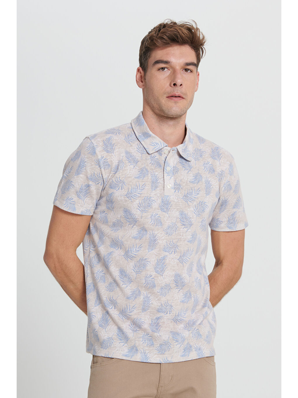 Ekru Erkek EKRU SAKS Slim Fit Dar Kesim Polo Yaka Baskılı Tişört-2