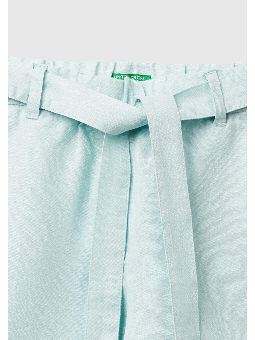 Turkuaz Kız Çocuk Su Yeşili Keten Karışımlı Beli Dikişli Kuşaklı Geniş Paça Pantolon-2