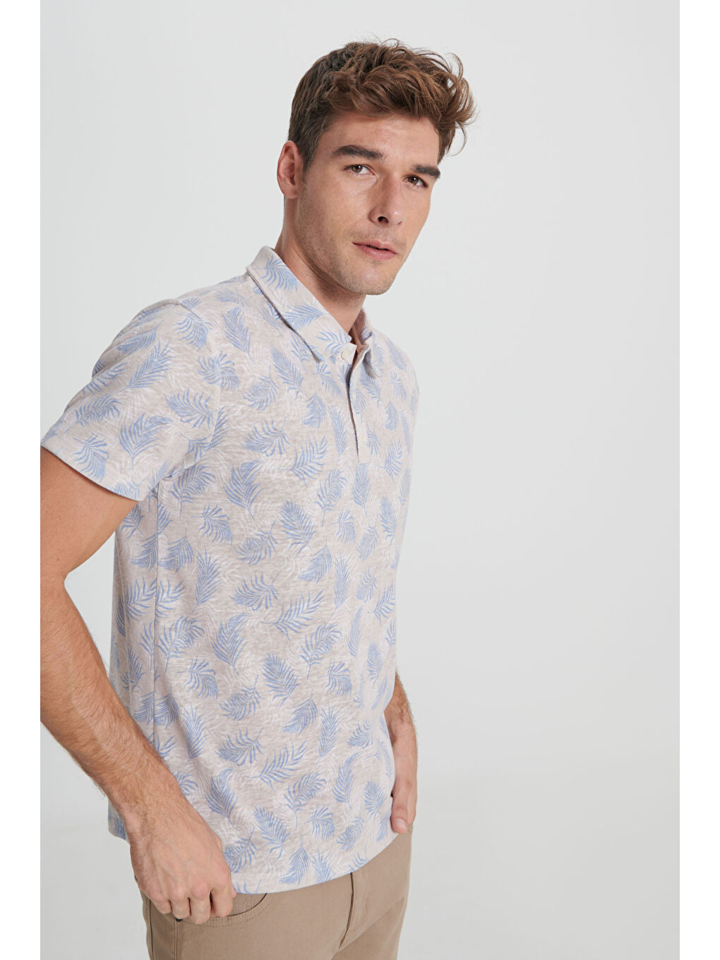 Ekru Erkek EKRU SAKS Slim Fit Dar Kesim Polo Yaka Baskılı Tişört-3